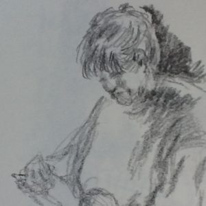 Palle Bergnhøi er professionel illustrator, men vi var på tegne/malekursus sammen i Jeravna, Bulgarien, fordi Palle er ven med Otto Arp, som driver kurset. Palle tegnede mig som en del af de obligatoriske øvelser.